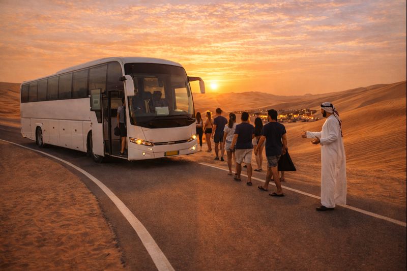 Guests arriving by shared bus transfer for an evening desert safari in Abu Dhabi