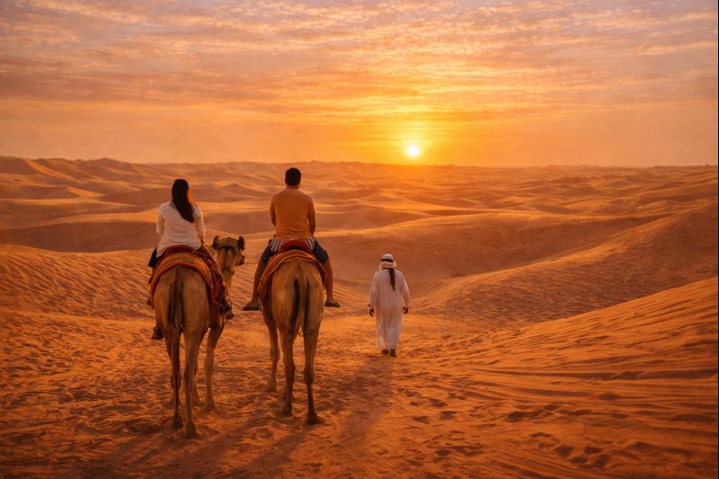 Traditional camel ride experience in the Abu Dhabi desert at sunset