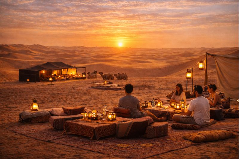 Guests enjoying a traditional desert camp dinner with lantern lighting and sunset views during a self drive desert safari in Abu Dhabi