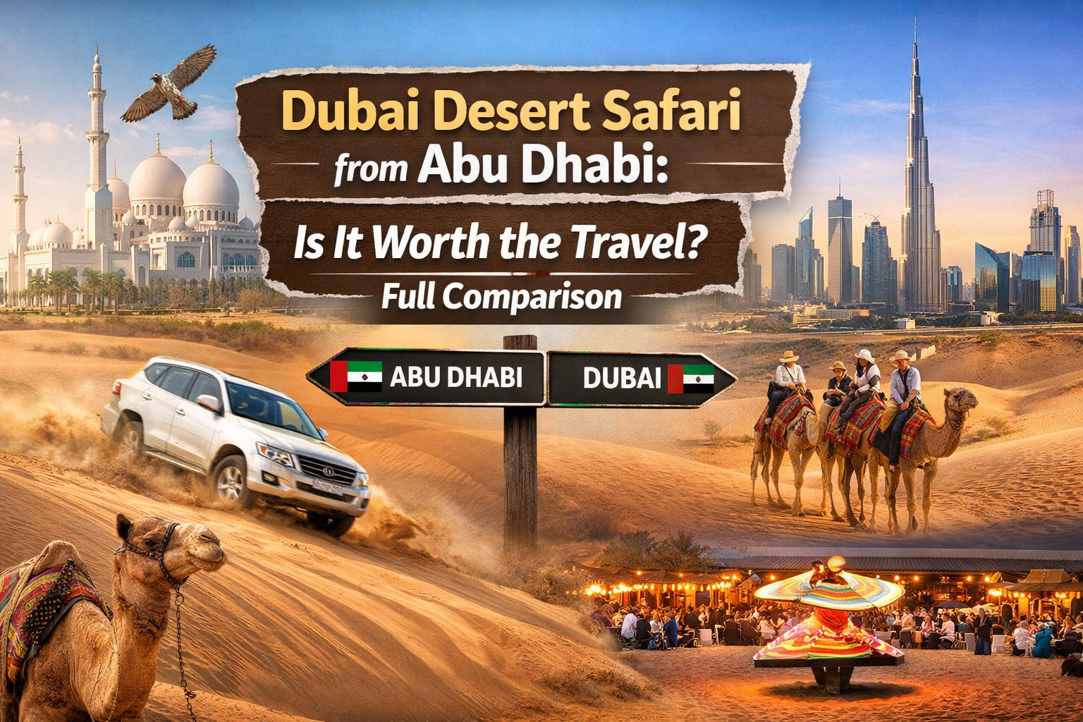 Dubai Desert Safari from Abu Dhabi comparison with dune bashing, camel rides, desert camp, and Dubai skyline.