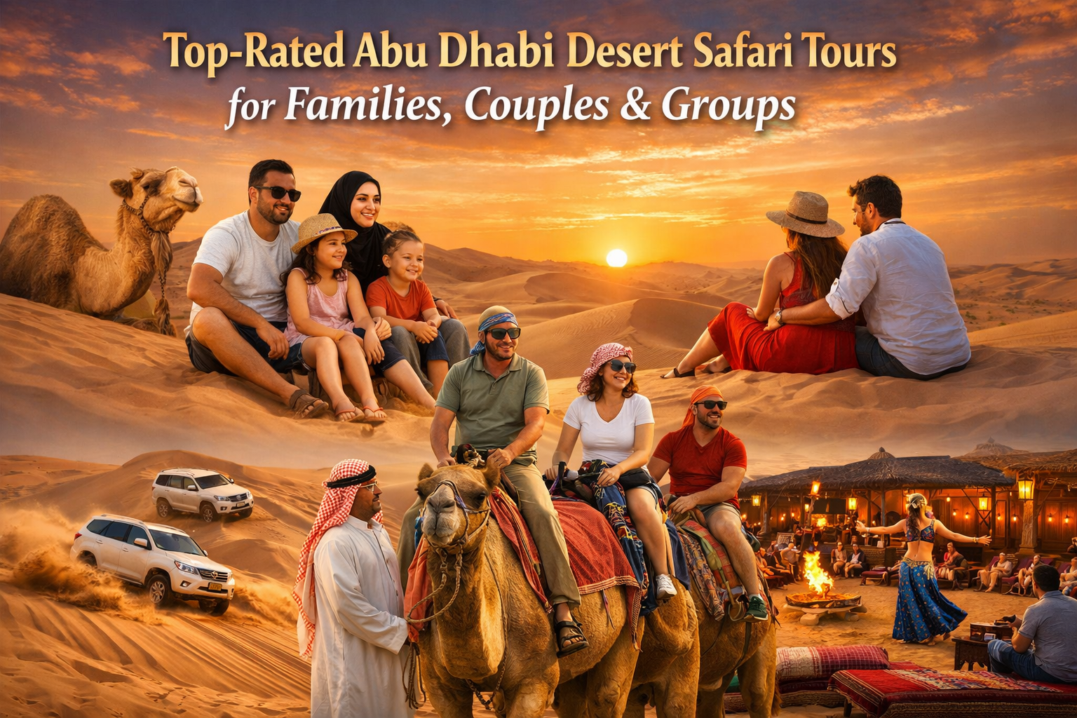 Families, couples, and groups enjoying a luxury Abu Dhabi desert safari with camel rides, dune bashing, and sunset views.