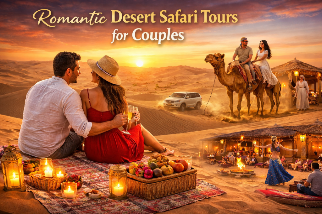 Couple enjoying a romantic desert safari in Abu Dhabi with sunset views, camel rides, and a luxury desert camp experience.