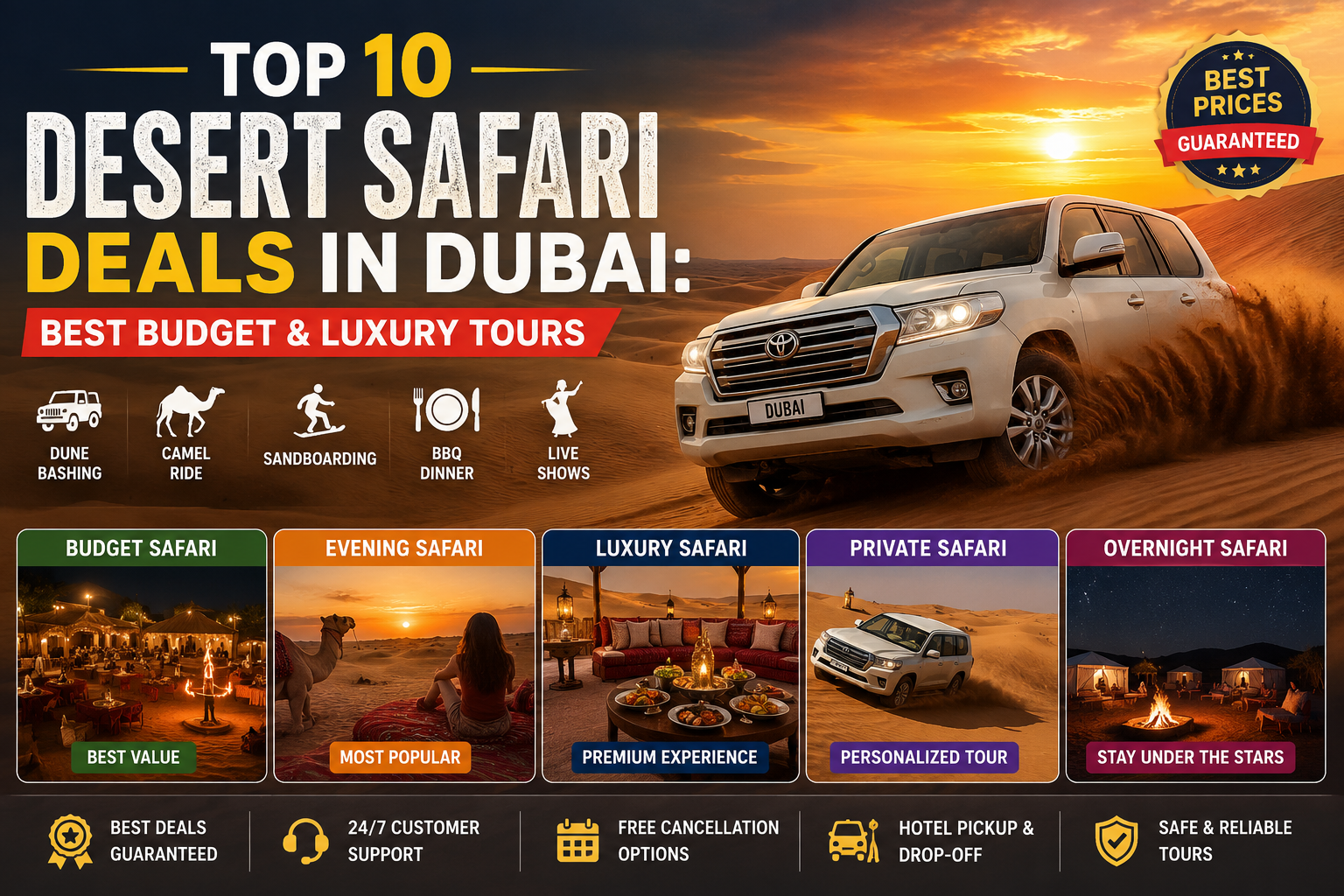 Top 10 Desert Safari Deals in Dubai featuring budget and luxury desert safari tours with dune bashing, camel rides, BBQ dinner, and dune buggy adventures.