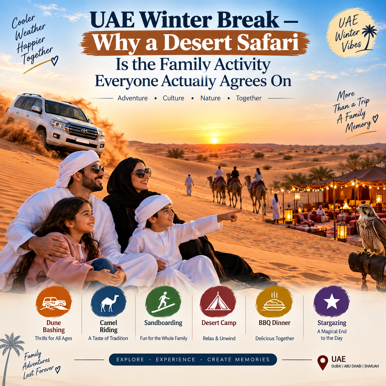 UAE winter break family enjoying a desert safari